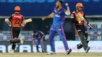 Axar Patel celebrates the wicket of Rashid Khan.(PTI) Axar Patel celebrates the wicket of Rashid Khan.(PTI)