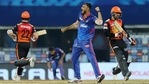 Axar Patel celebrates the wicket of Rashid Khan.(PTI) Axar Patel celebrates the wicket of Rashid Khan.(PTI)