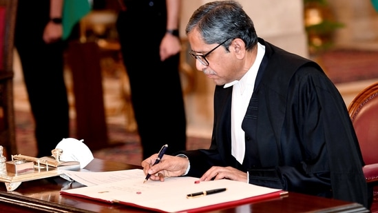 Justice NV Ramana takes oath as the new Chief Justice of India (CJI), at a swearing-in ceremony, at Rashtrapati Bhavan, in New Delhi on Saturday. (ANI Photo)