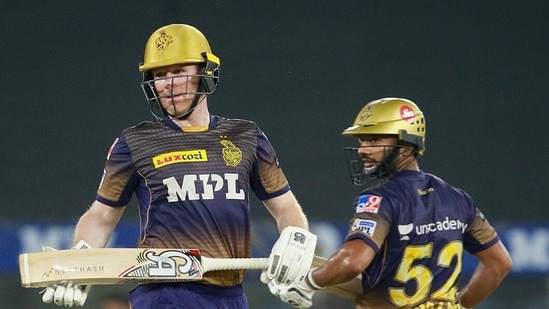 Eoin Morgan and Rahul Tripathi during the match between the Punjab Kings and the Kolkata Knight Riders held at the Narendra Modi Stadium in Ahmedabad. (ANI Photo/KKR Twitter)