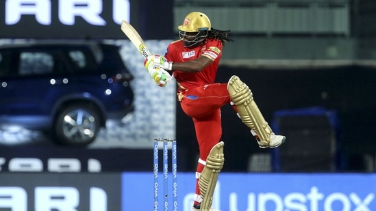 Chris Gayle of Punjab Kings plays a shot. (PTI) Chris Gayle of Punjab Kings plays a shot. (PTI)
