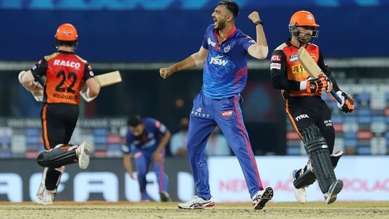 Axar Patel celebrates the wicket of Rashid Khan. (PTI) Axar Patel celebrates the wicket of Rashid Khan. (PTI)
