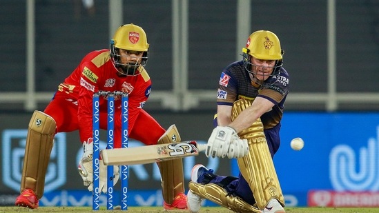 Eoin Morgan plays a shot during match 21 of the Indian League 2021.(PTI)