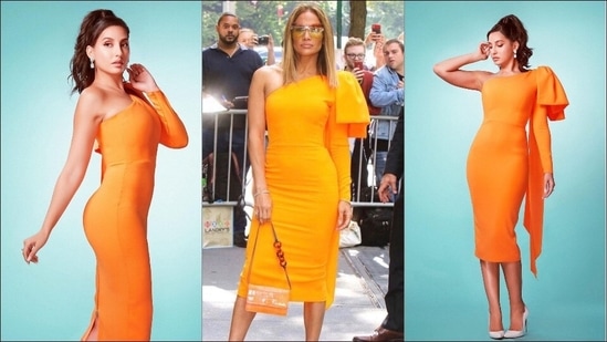 Nora Fatehi mimics Jennifer Lopes in Alex Perry’s body-hugging orange midi(Instagram/norafatehi/alexperryofficial)