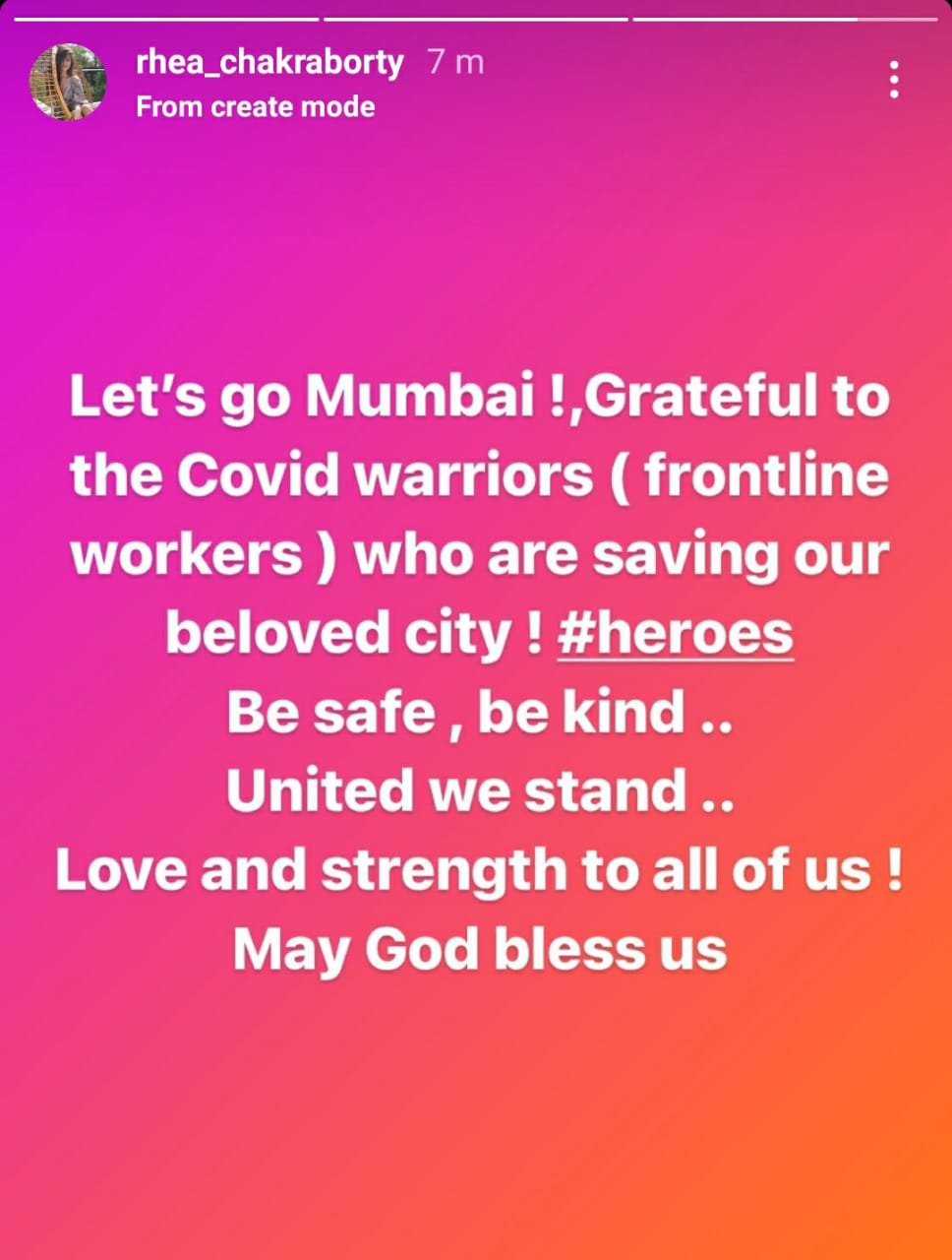 Rhea Chakraborty thanks frontline workers. Rhea Chakraborty thanks frontline workers.
