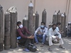 People waiting to refill empty cylinders with medical oxygen at Talkatora oxygen plant in Lucknow on April 26. India's Covid-19 infection and death rates are growing alarmingly, overwhelming hospitals and health infrastructure in recent weeks.