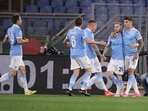 Serie A - Lazio v AC Milan - Stadio Olimpico, Rome, Italy - April 26, 2021 Lazio's Joaquin Correa celebrates scoring their first goal with teammates 