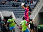 Los Angeles FC goalkeeper Pablo Sisniega (23) makes a save against the Seattle Sounders during the second half of an MLS soccer match, Saturday, April 24, 2021, in Los Angeles. The game ended in a 1-1 draw.(AP) Los Angeles FC goalkeeper Pablo Sisniega (23) makes a save against the Seattle Sounders during the second half of an MLS soccer match, Saturday, April 24, 2021, in Los Angeles. The game ended in a 1-1 draw.(AP)