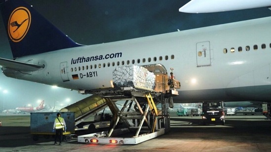 All efforts to strengthen India’s fight against the pandemic are on. Crates of ventilators and oxygen concentrators from the United Kingdom were unloaded at a Delhi airport early April 27, the first emergency medical supplies to arrive in the country, AFP reported. (PTI) All efforts to strengthen India’s fight against the pandemic are on. Crates of ventilators and oxygen concentrators from the United Kingdom were unloaded at a Delhi airport early April 27, the first emergency medical supplies to arrive in the country, AFP reported. (PTI)