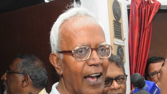 Human rights activist Stan Swamy seen speaking to mediapersons in this file photo. (Diwakar Prasad/ Hindustan Times)