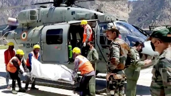 IAF carried out a rescue operation at the site of avalanche, in the Sumna area of Joshimath Sector, in Chamoli on Sunday. (ANI Photo) IAF carried out a rescue operation at the site of avalanche, in the Sumna area of Joshimath Sector, in Chamoli on Sunday. (ANI Photo)