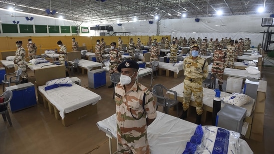 A view inside the Sardar Patel Covid Care Centre, at Chhatarpur, in New Delhi, India, on Sunday, April 25, 2021. (Photo by Arvind Yadav/ Hindustan Times)