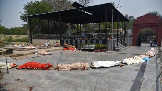 A view of Subhash Nagar Crematorium where a long queue of bodies of Covid-19 victims wait for cremation in New Delhi on Tuesday. (ANI)