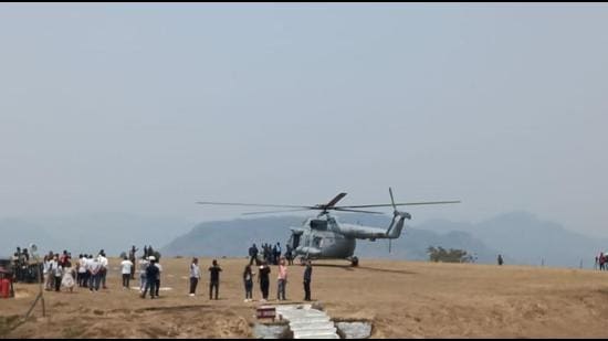 One of the two Mi17 choppers of IAF used to douse forest fire in Lunglei district of Mizoram on Saturday. (Photo: IAF)