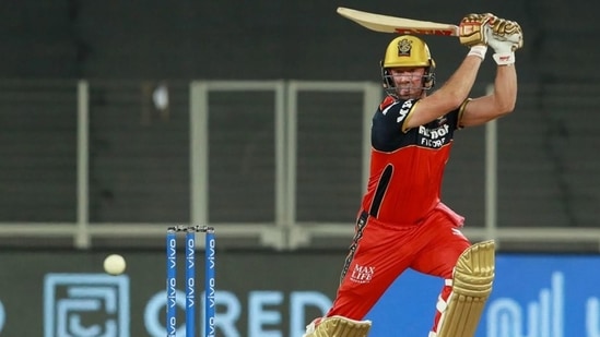 AB de Villiers plays a shot against Delhi Capitals during IPL 2021 match no. 22 (IPL)