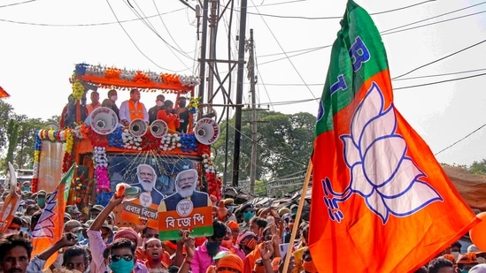 BJP National President J P Nadda addresses during an election campaign road show in favour of party candidate Priya Saha from Sainthia constituency, at Sainthia in Birbhum district, Monday, April 19, 2021. (PTI)