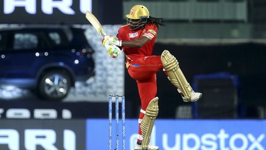 Chris Gayle of Punjab Kings plays a shot in IPL 2021(PTI)