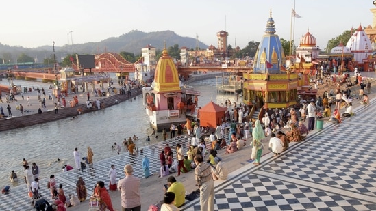 Devotees gather for the last Shahi Snan of Kumbh 2021 on the day of Purnima, or full moon, in Haridwar, Tuesday, April 27, 2021. (PTI)