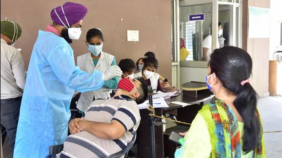 A health worker collecting swab samples for Covid testing at the civil surgeon’s office in Ludhiana on Tuesday. (Gurpreet Singh/HT)