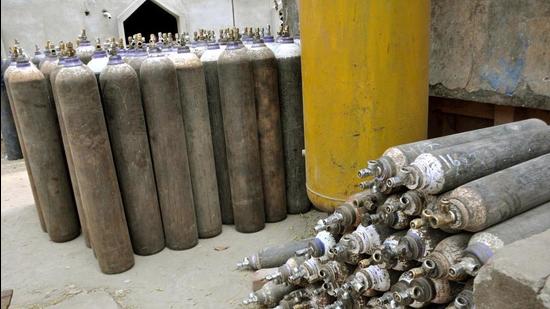 File photo: Oxygen cylinders outside of Patna Medical College and Hospital in Patna, Bihar. (Santosh Kumar /Hindustan Times)