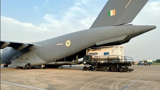 Last week, IAF ferried four cryogenic oxygen containers to Panagarh airbase in West Bengal from Singapore. The containers were airlifted in an IAF C-17 aircraft from Changi Airport in Singapore. (File photo) Last week, IAF ferried four cryogenic oxygen containers to Panagarh airbase in West Bengal from Singapore. The containers were airlifted in an IAF C-17 aircraft from Changi Airport in Singapore. (File photo)