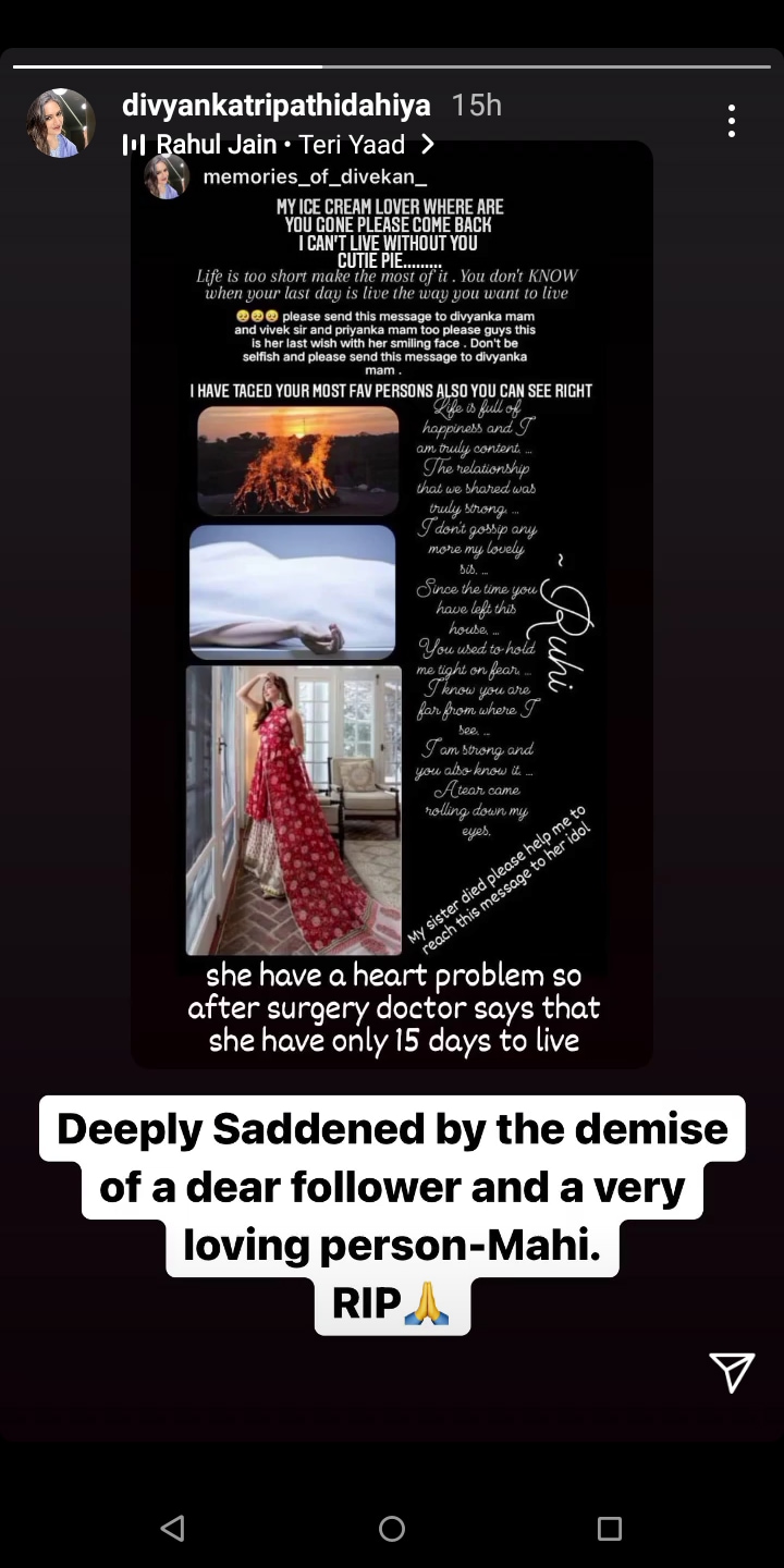 Divyanka Tripathi's note on her fan who died. Divyanka Tripathi's note on her fan who died.