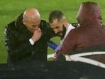Real Madrid v Chelsea - Estadio Alfredo Di Stefano, Madrid, Spain - April 27, 2021 Real Madrid's Karim Benzema with coach Zinedine Zidane as he is substituted 