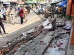 An earthquake-damaged building at Bhetapara in Guwahati, early on Wednesday, April 28. (PTI)