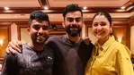 Anushka Sharma and Virat Kohli pose with Royal Challengers Bangalore batsman Sachin Baby. Anushka Sharma and Virat Kohli pose with Royal Challengers Bangalore batsman Sachin Baby.