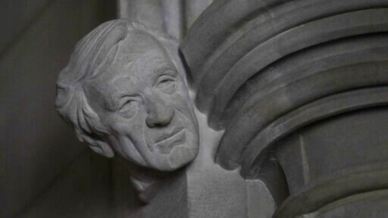 A limestone head of Holocaust survivor and Nobel Peace Prize winning author Elie Wiesel, carved by Sean Callahan from a clay sculpture by artist Chas Fagan, is almost complete in the Human Rights Porch of the Washington National Cathedral, Friday, April 16, 2021. Wiesel, who died in 2016, was the author of 57 books including “Night,” which is based on his experiences as a Jewish prisoner in the Auschwitz and Buchenwald concentration camps. He became an outspoken advocate for human rights causes around the world, helped found the United States Holocaust Memorial Museum and was awarded the Nobel Peace Prize in 1986. (AP)