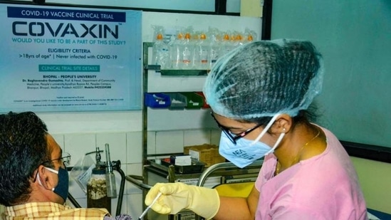 A medic administering Covaxin, developed by Bharat Biotech in collaboration with the Indian Council of Medical Research (ICMR). PTI