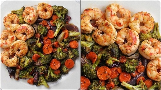 Recipe: Greek veggies with sautéed shrimp in a Greek lemon dressing for dinner(Instagram/kissmywheatgrass_)