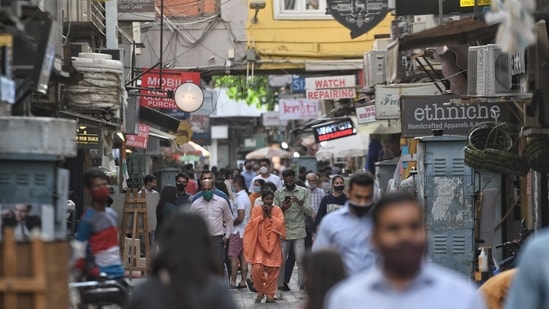 Visitors, some not wearing face masks amid the coronavirus pandemic, at Khan Market, in New Delhi, Visitors, some not wearing face masks amid the coronavirus pandemic, at Khan Market, in New Delhi,