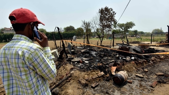 A view of damage to an area where six members of a family died due to a gas cylinder explosion in a shanty at Bijwasan, in New Delhi, India, on Thursday, April 29, 2021. (Photo by Sanjeev Verma/ Hindustan Times)