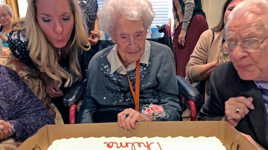 OMAHA: Thelma Sutcliffe is shown with a birthday cake in October 2019, in Omaha, Neb. Sutcliffe is now the oldest living American at 114 years old. (AP) OMAHA: Thelma Sutcliffe is shown with a birthday cake in October 2019, in Omaha, Neb. Sutcliffe is now the oldest living American at 114 years old. (AP)