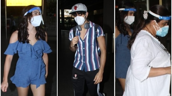 Sara Ali Khan was spotted at airport with mom Amrita Singh and brother Ibrahim Ali Khan.(Varinder Chawla)