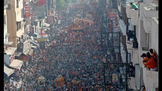 Naga sadhus participate in a procession during shahi snan at Mahakumbh,in Haridwar on April 14. (File photo)