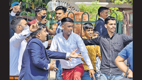 Completely disregarding the risk of infection, revellers dancing without masks at a wedding in Panchkula on Friday. (Sant Arora/HT) Completely disregarding the risk of infection, revellers dancing without masks at a wedding in Panchkula on Friday. (Sant Arora/HT)