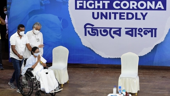 West Bengal Chief Minister Mamata Banerjee with Trinamool Congress MP Sudip Bandyopadhyay during her last virtual campaign for State Assembly elections, in Kolkata on April 26. Some exit polls on April 29, gave the BJP, which pulled out all stops in its campaign, with Prime Minister Narendra Modi and home minister Amit Shah leading from the front, the edge. Others pointed to an advantage for the incumbent Trinamool Congress (TMC). The truth will emerge on May 2, when votes are counted.(Ashok Bhaumik / PTI)