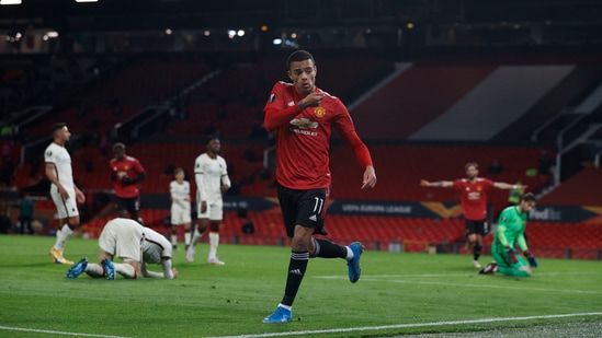 Manchester United's Mason Greenwood celebrates scoring their sixth goal. (REUTERS)
