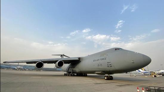C-5M Super Galaxy, one of the largest strategic airlift aircraft, arrives in New Delhi on Friday. (Photo: US Embassy) C-5M Super Galaxy, one of the largest strategic airlift aircraft, arrives in New Delhi on Friday. (Photo: US Embassy)