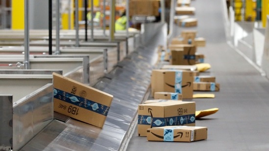 Amazon's total net sales from the quarter grew 44 per cent from the year-ago period to 108.5 billion dollars. In picture - Packages move along a conveyor at an Amazon warehouse facility.(AP) Amazon's total net sales from the quarter grew 44 per cent from the year-ago period to 108.5 billion dollars. In picture - Packages move along a conveyor at an Amazon warehouse facility.(AP)