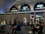 People sit in the observation area after receiving a dose of the Moderna Covid-19 vaccine at the American Museum of Natural History vaccination site in New York, US. (Bloomberg) People sit in the observation area after receiving a dose of the Moderna Covid-19 vaccine at the American Museum of Natural History vaccination site in New York, US. (Bloomberg)