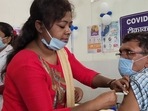 An elderly person being administered the Covid-19 vaccine at Sadar Hospital in Dhanbad in Jharkhand.(HT PHOTO) An elderly person being administered the Covid-19 vaccine at Sadar Hospital in Dhanbad in Jharkhand.(HT PHOTO)