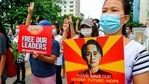 Anti-coup protesters march along a street in Yangon, Myanmar on April 24, 2021 seeking the release of Aung San Suu Kyi and other political detainees. (AP File Photo ) Anti-coup protesters march along a street in Yangon, Myanmar on April 24, 2021 seeking the release of Aung San Suu Kyi and other political detainees. (AP File Photo )