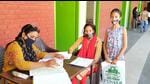 Teachers at Government Senior Secondary School, Sekhewal, enrolling new students. (HT PHOTO) Teachers at Government Senior Secondary School, Sekhewal, enrolling new students. (HT PHOTO)