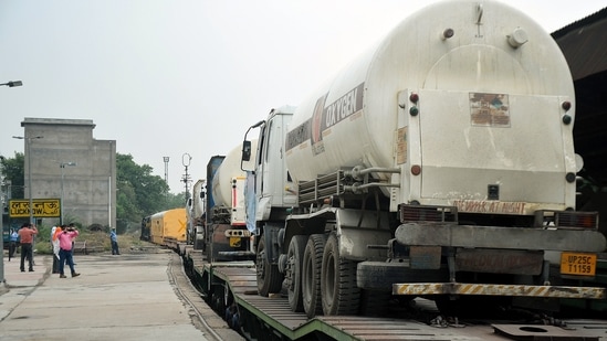 Oxygen express arrives with the oxygen tankers at Charbagh railway station to be sent to various hospitals for Covid-19 patients, in Lucknow on Thursday. (ANI Photo)