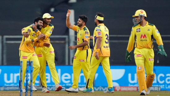 Ravindra Jadeja celebrates the wicket of AB de Villiers during match 19 of the Indian Premier League 2021 between the Chennai Super Kings and the Royal Challengers Bangalore.(PTI)