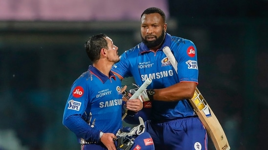 Quinton de Kock and Kieron Pollard during match 24 of the Indian Premier League between the Mumbai Indians and the Rajasthan Royals.(PTI)