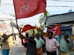 LDF supporters celebrate the party's victory during the election result day for the Kerala Assembly Polls, in Thiruvananthapuram on Sunday. (ANI Photo) LDF supporters celebrate the party's victory during the election result day for the Kerala Assembly Polls, in Thiruvananthapuram on Sunday. (ANI Photo)
